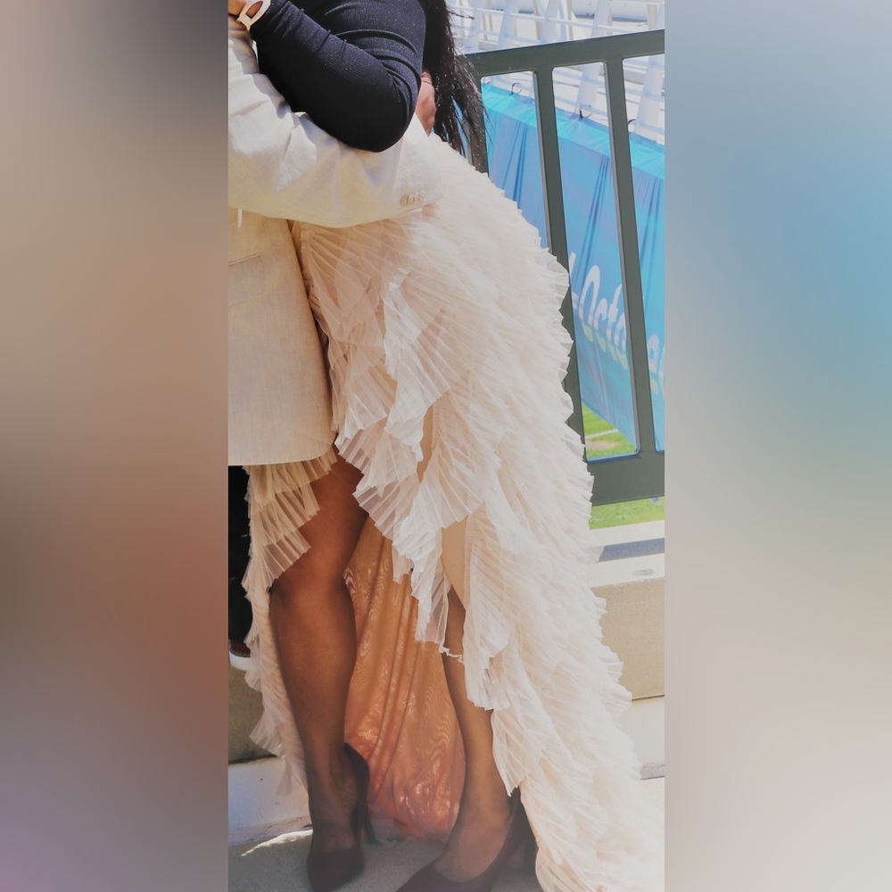 AKIRA Tan color tutu layered ruffle, long thigh slit skirt !